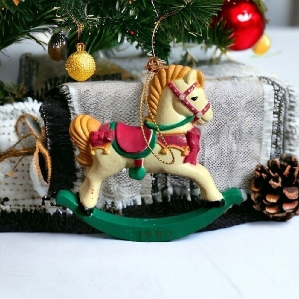 Vintage 1990 Wooden Rocking Horse Christmas Tree Ornament Multicolored 3.5"x3.5"